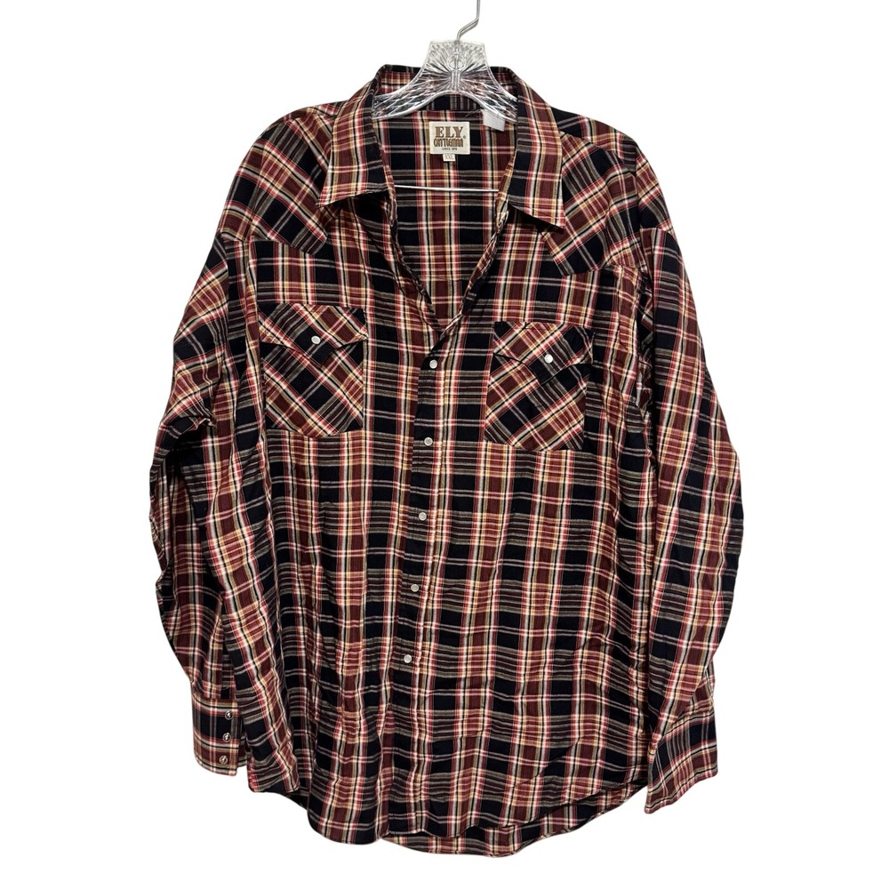 Ely Cattleman Mens XXL Western Pearl Snap Shirt Plaid Long Sleeve Red Black XXL
